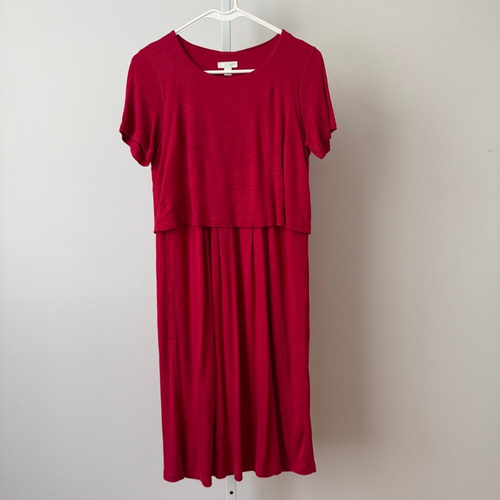 J. Jill XS Red Midi Dress‎ Short Sleeve Button Back Overlay Knit Casual Comfort